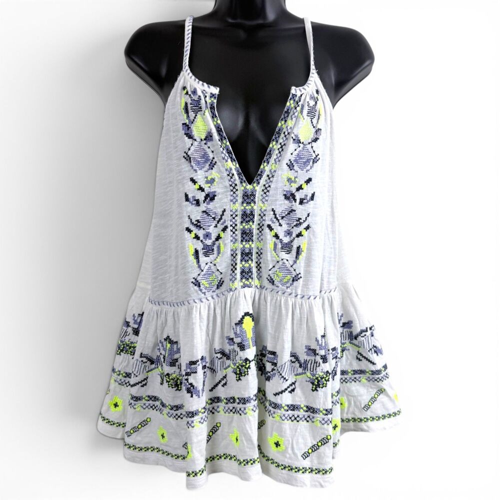 maeve by anthropologie neela embroidered babydoll bohemian white women's tank l